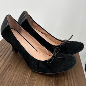Franco Sarto Black Suede Patent Heel Bow Kitten Heel Round Toe‎ Pumps Size 7.5